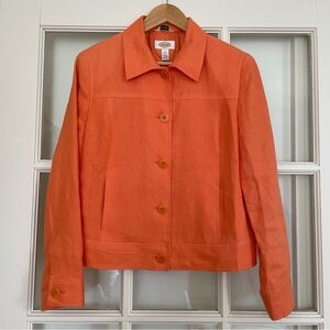 Talbots 100% linen bright orange collared short jacket women's size 8